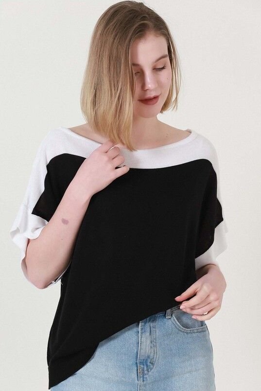 Kadın Siyah Ekru Kuşaklı Yazlık İnce Triko Bluz