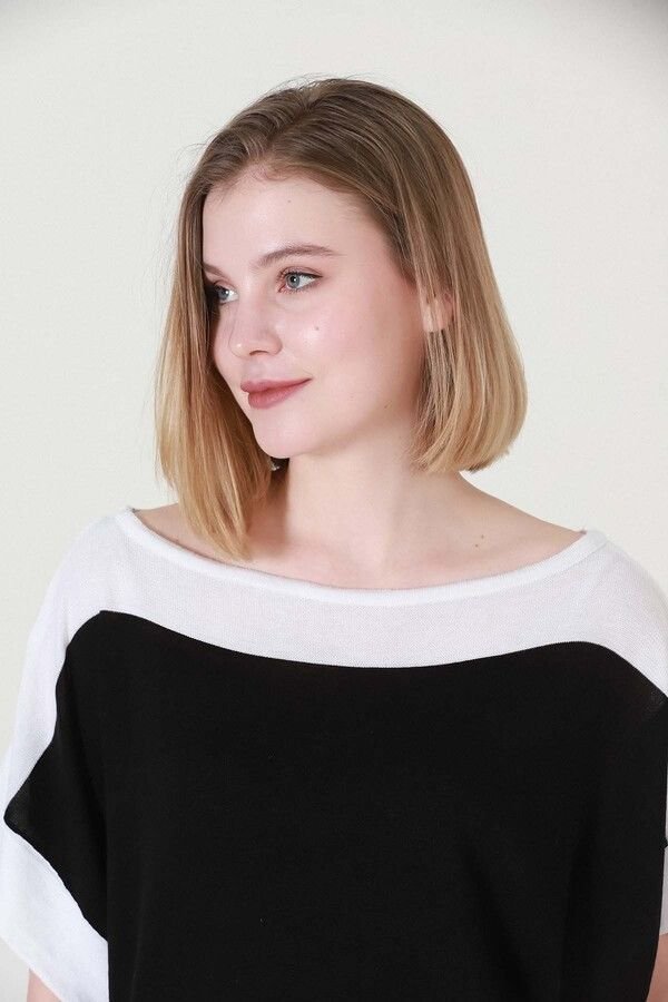 Kadın Siyah Ekru Kuşaklı Yazlık İnce Triko Bluz