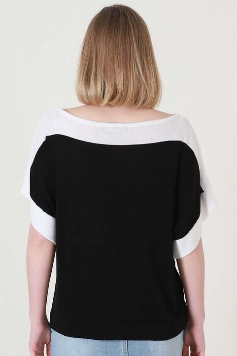 Kadın Siyah Ekru Kuşaklı Yazlık İnce Triko Bluz