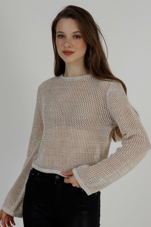 Kadın Krem Simli File Yuvarlak Yaka Kısa Yazlık Triko Bluz