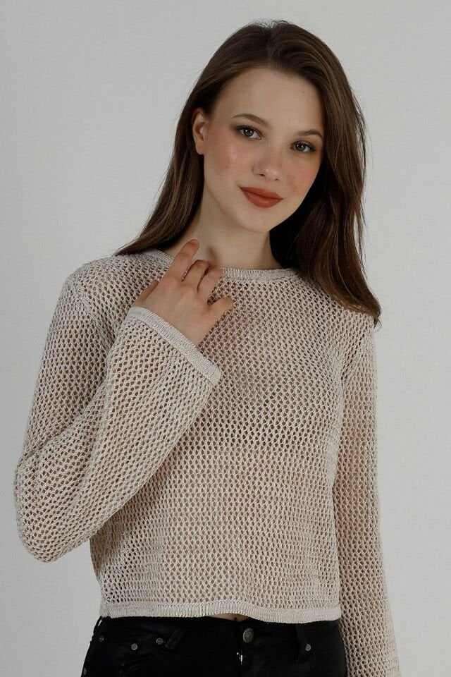 Kadın Krem Simli File Yuvarlak Yaka Kısa Yazlık Triko Bluz