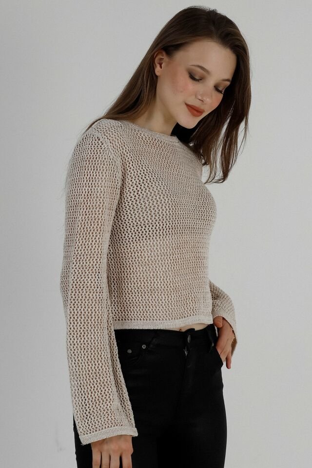 Kadın Krem Simli File Yuvarlak Yaka Kısa Yazlık Triko Bluz