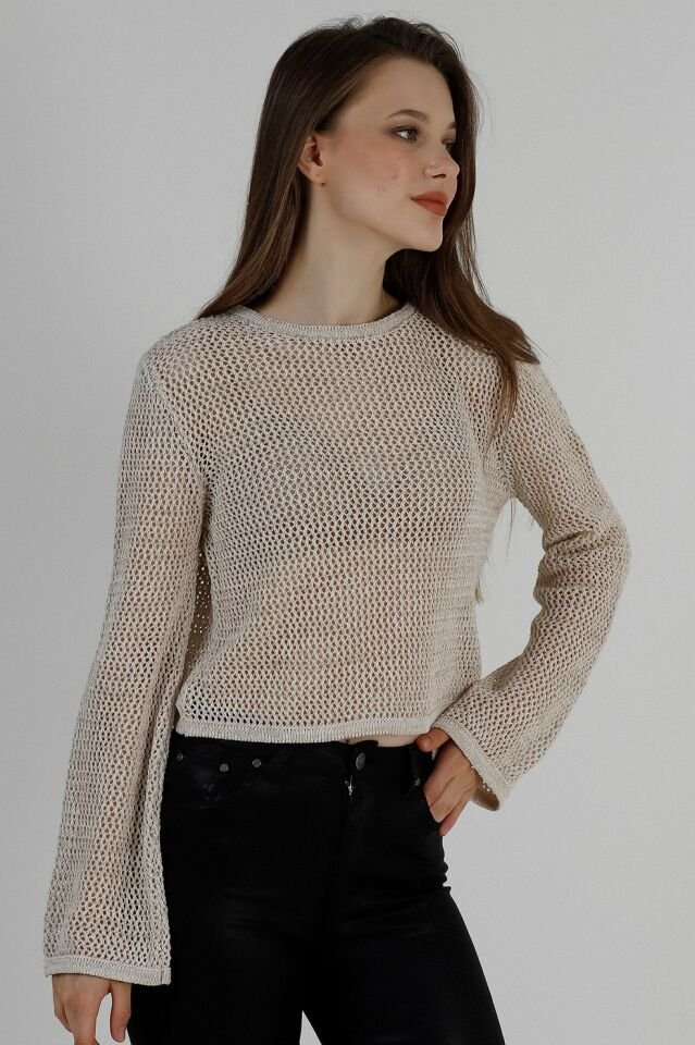 Kadın Krem Simli File Yuvarlak Yaka Kısa Yazlık Triko Bluz