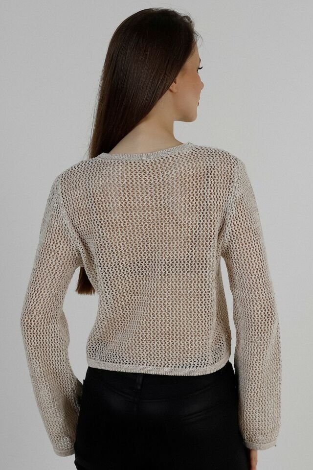 Kadın Krem Simli File Yuvarlak Yaka Kısa Yazlık Triko Bluz