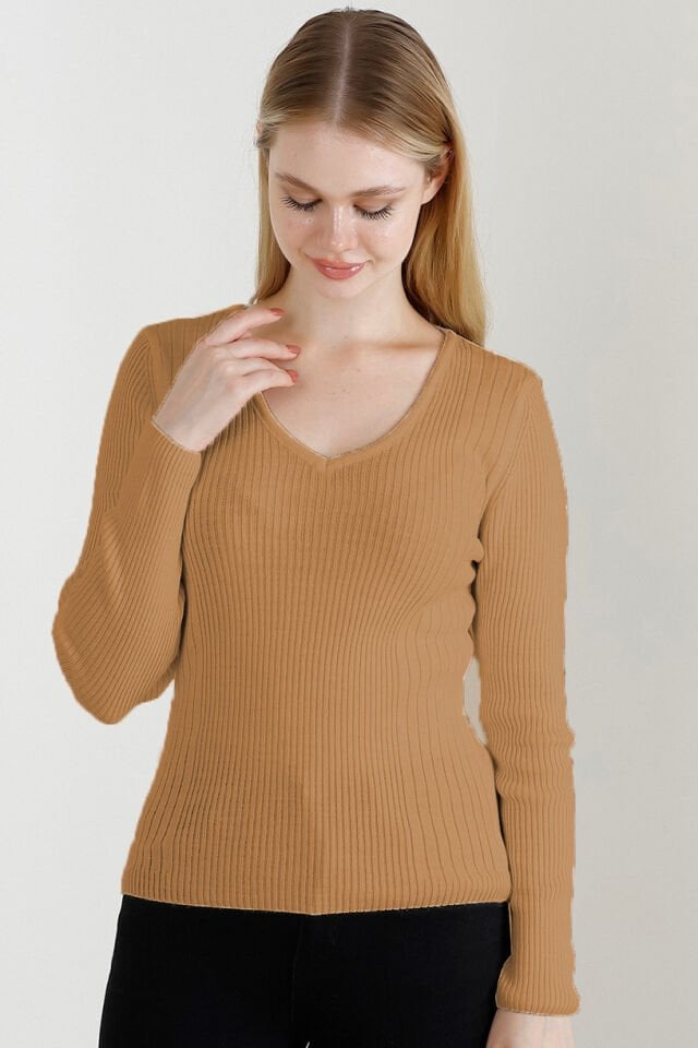 Kadın Kamel V Yaka Triko Kazak