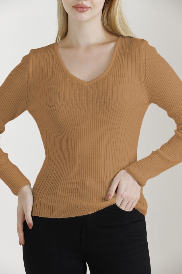 Kadın Kamel V Yaka Triko Kazak