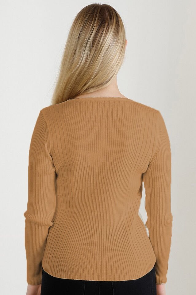 Kadın Kamel V Yaka Triko Kazak