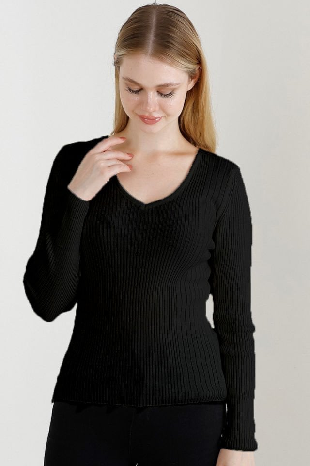 Kadın Siyah V Yaka Triko Kazak