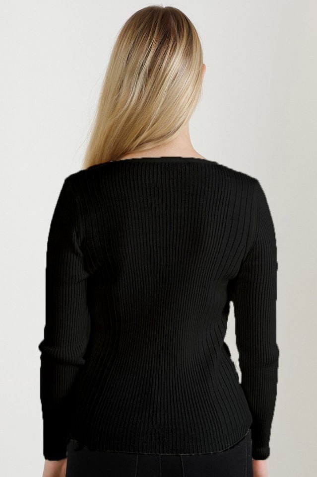 Kadın Siyah V Yaka Triko Kazak