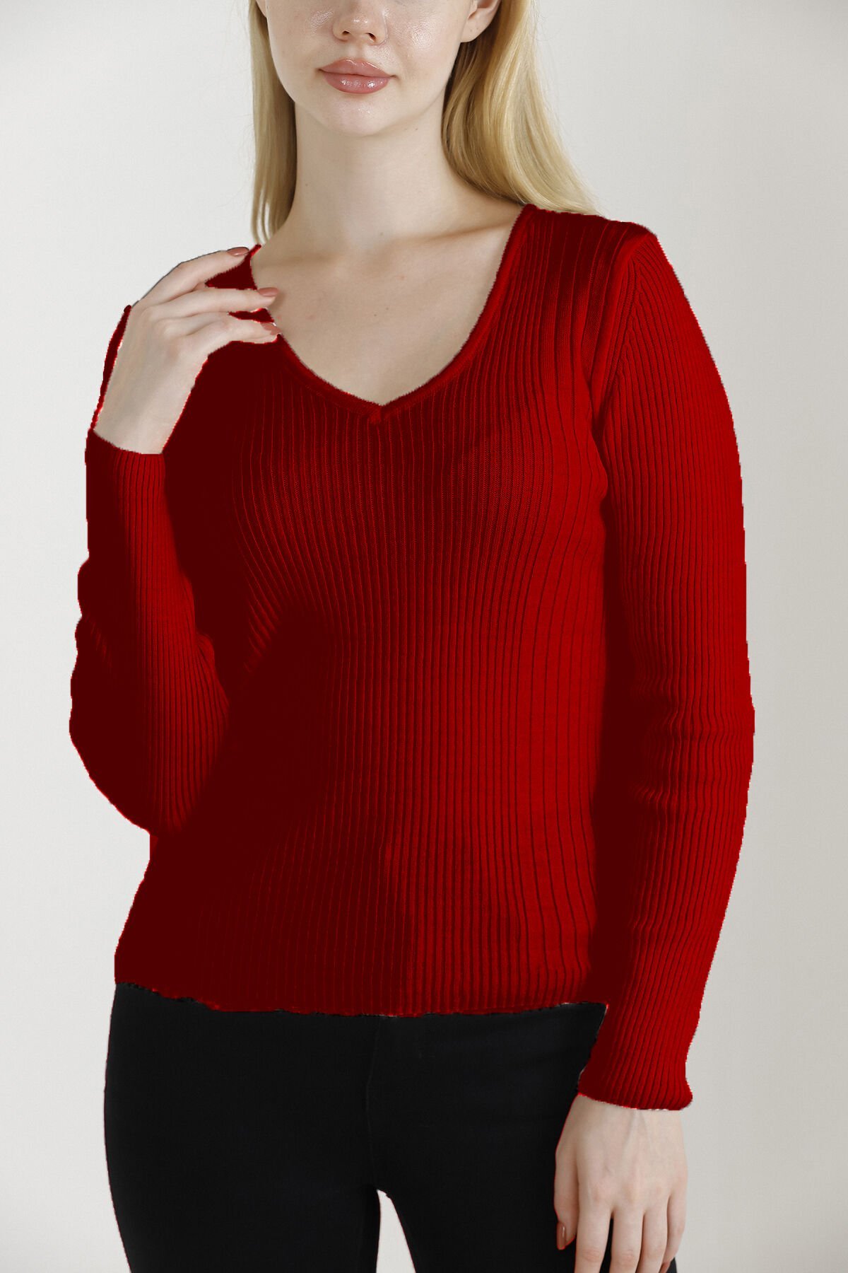 Kadın Kırmızı V Yaka Triko Kazak