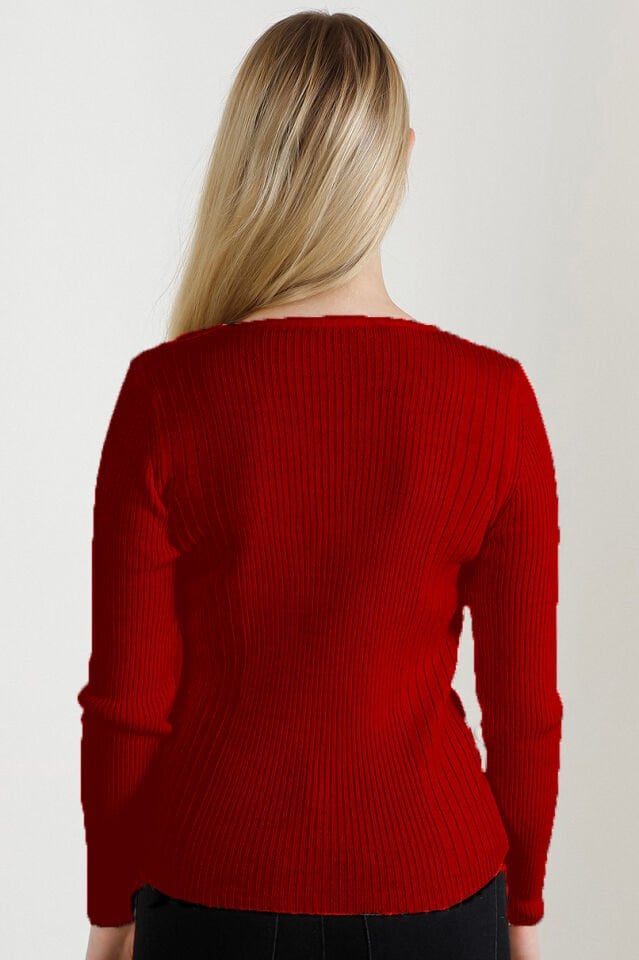 Kadın Kırmızı V Yaka Triko Kazak