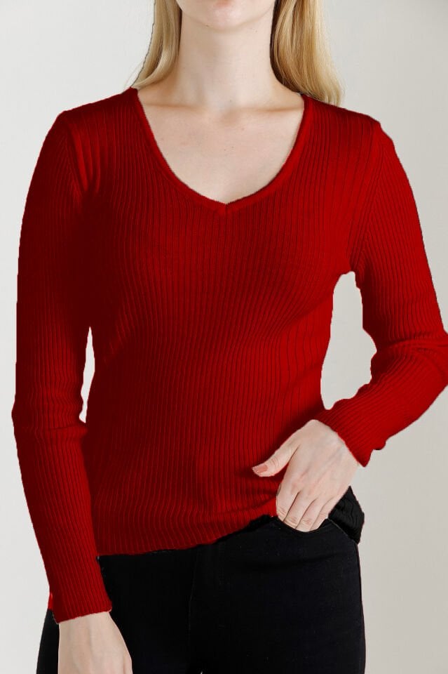 Kadın Kırmızı V Yaka Triko Kazak
