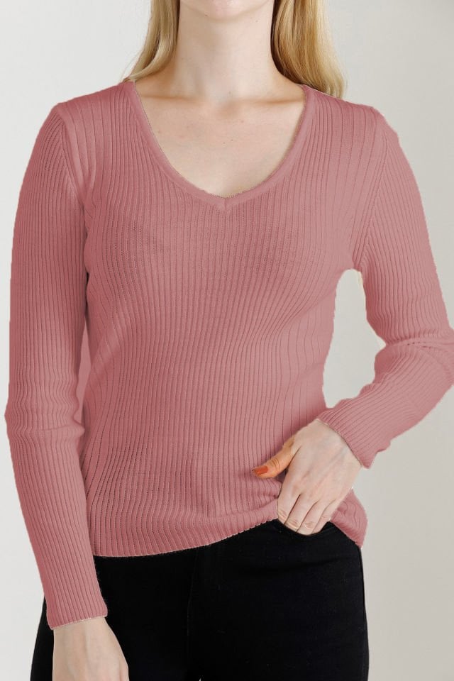 Kadın Gül Kurusu V Yaka Triko Kazak