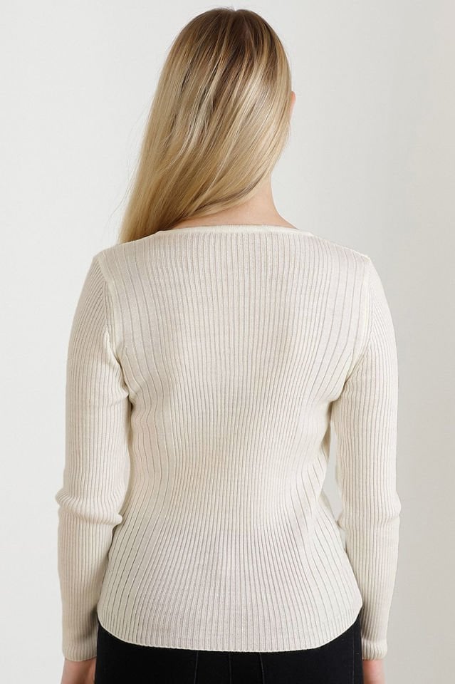 Kadın Bej  V Yaka Triko Kazak