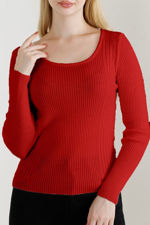 Kadın Kırmızı Kare Yaka Triko Kazak