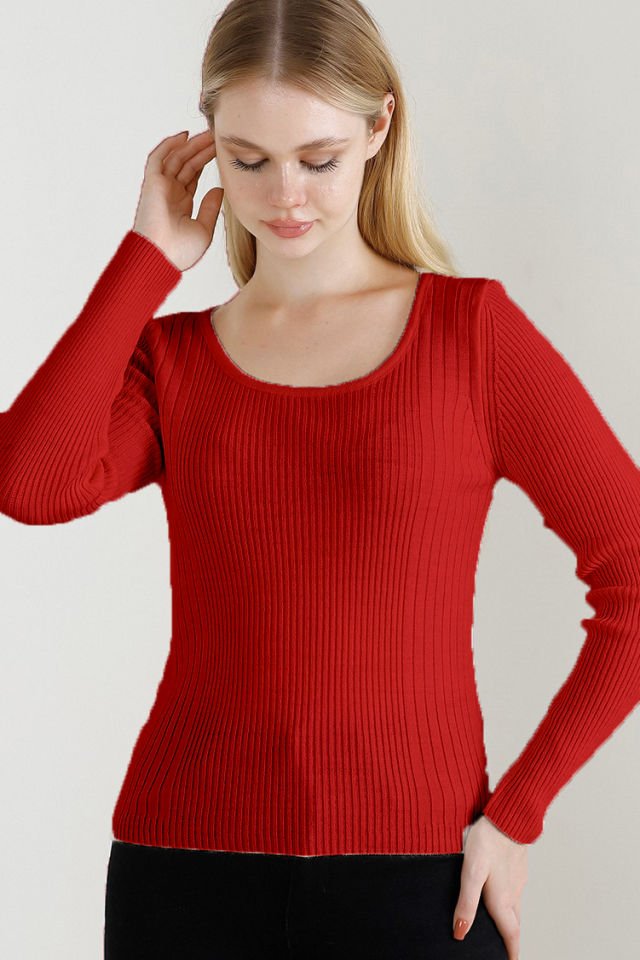 Kadın Kırmızı Kare Yaka Triko Kazak