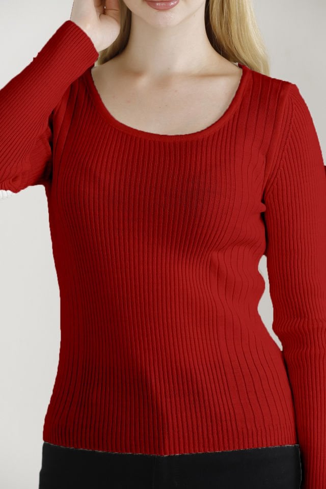 Kadın Kırmızı Kare Yaka Triko Kazak