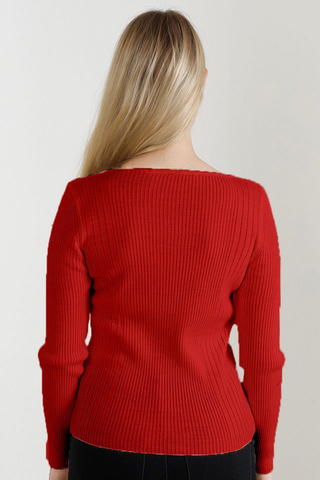 Kadın Kırmızı Kare Yaka Triko Kazak