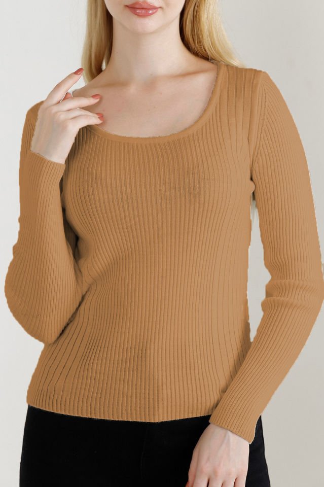 Kadın Kamel Kare Yaka Triko Kazak