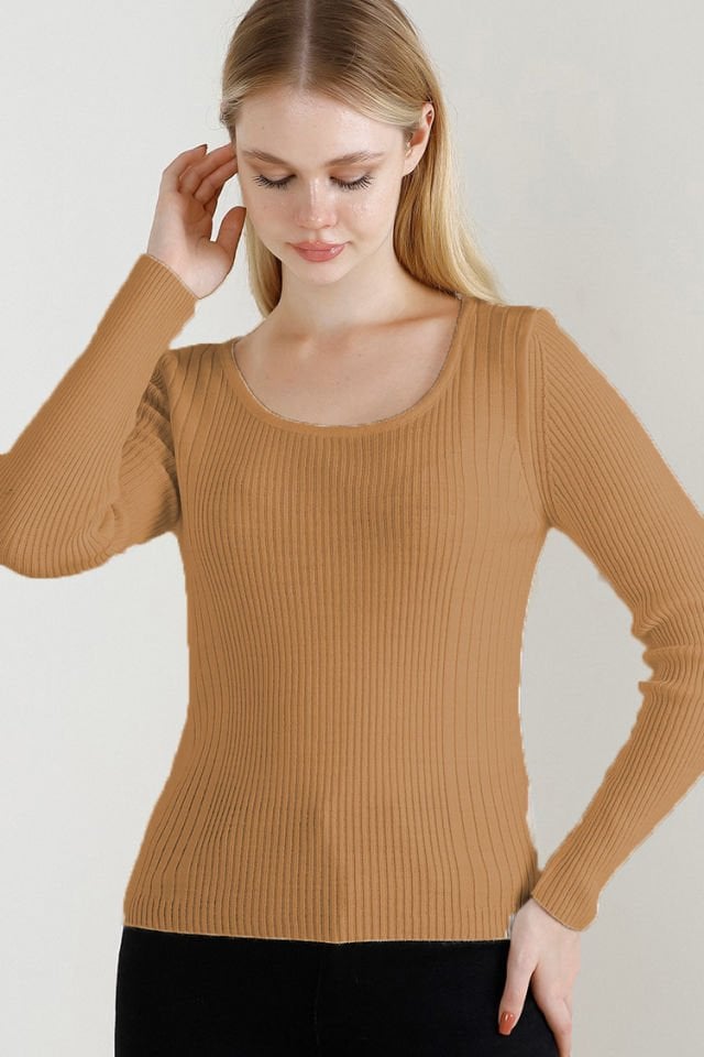 Kadın Kamel Kare Yaka Triko Kazak