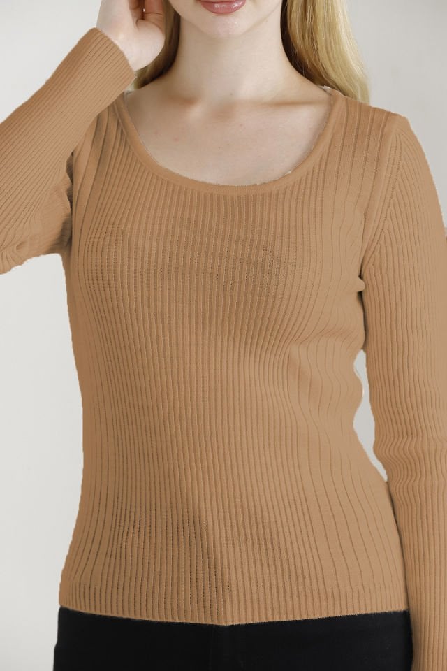 Kadın Kamel Kare Yaka Triko Kazak