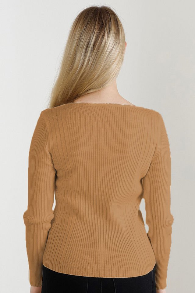 Kadın Kamel Kare Yaka Triko Kazak