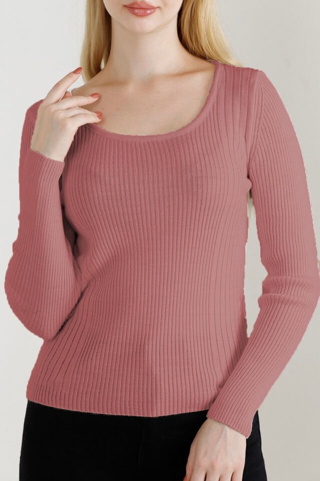 Kadın Gül Kurusu Kare Yaka Triko Kazak