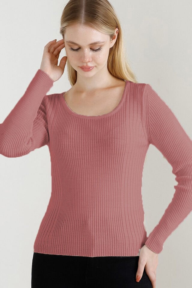 Kadın Gül Kurusu Kare Yaka Triko Kazak