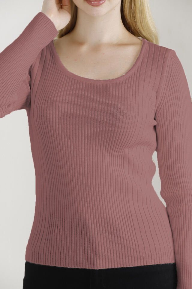 Kadın Gül Kurusu Kare Yaka Triko Kazak