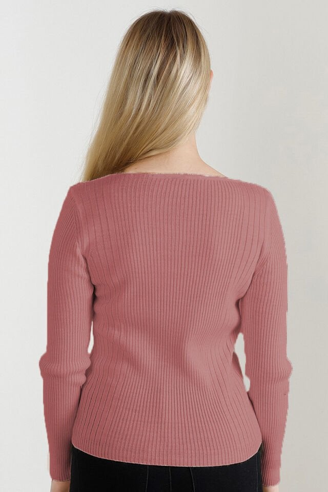 Kadın Gül Kurusu Kare Yaka Triko Kazak