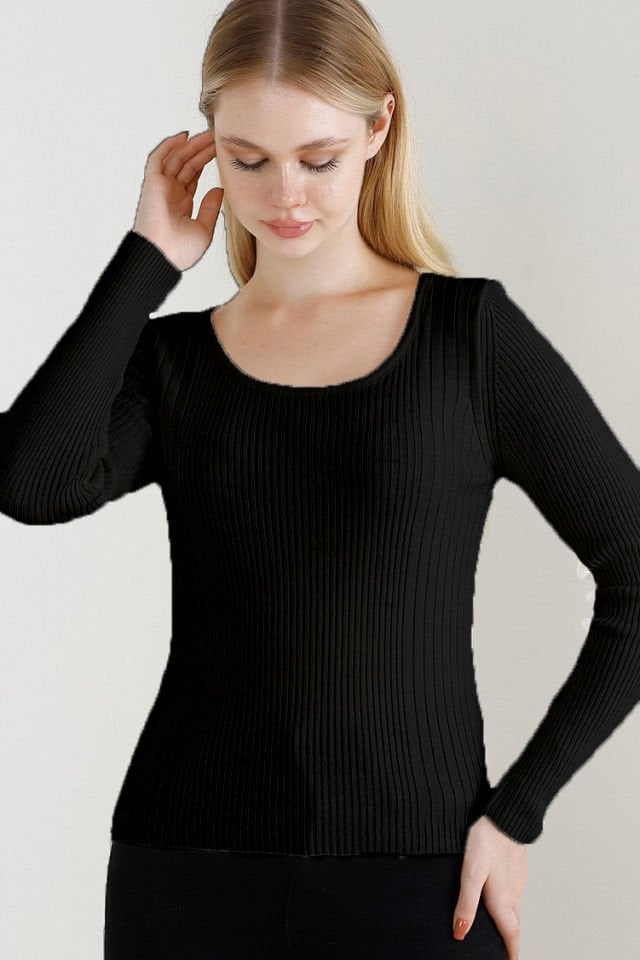 Kadın Siyah Kare Yaka Triko Kazak