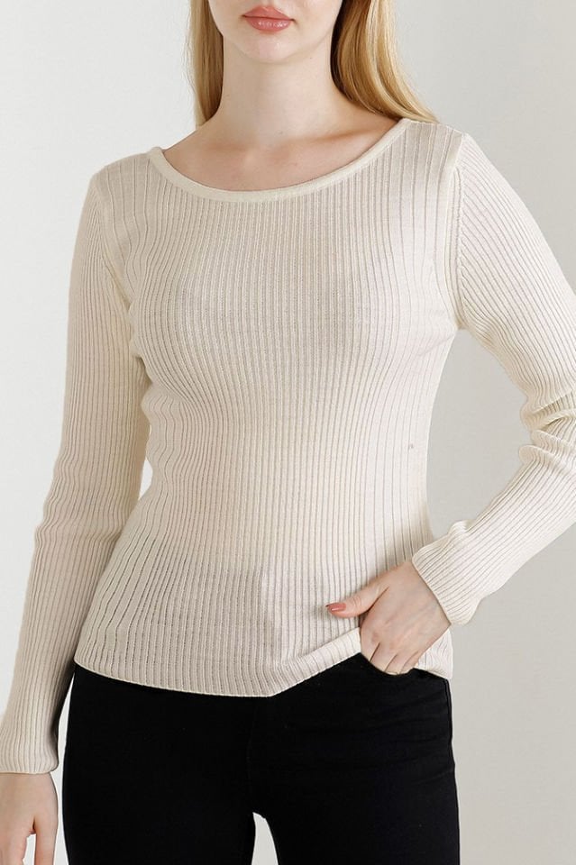 Kadın Bej Kayık Yaka Triko Kazak