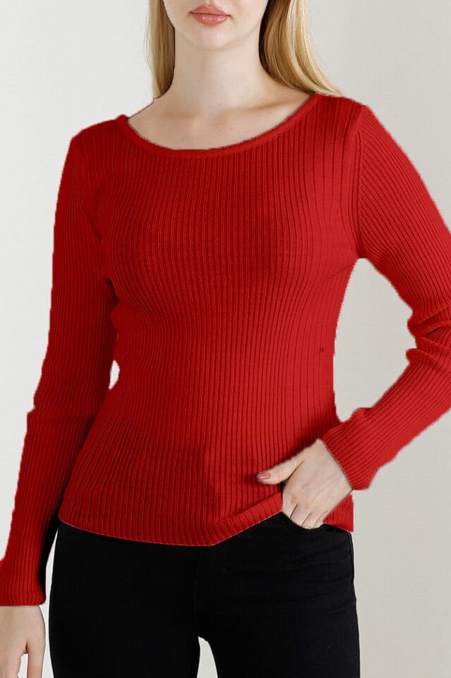 Kadın Kırmızı Kayık Yaka Triko Kazak