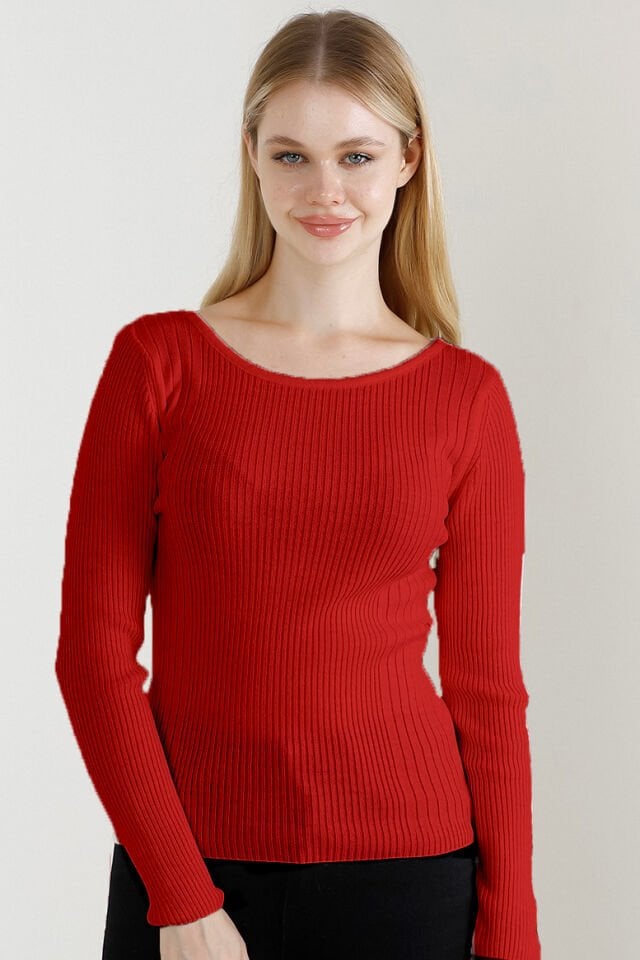Kadın Kırmızı Kayık Yaka Triko Kazak