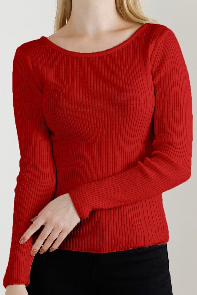 Kadın Kırmızı Kayık Yaka Triko Kazak