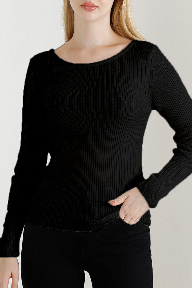 Kadın Siyah Kayık Yaka Triko Kazak