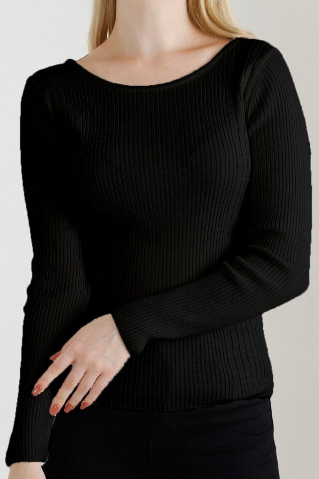 Kadın Siyah Kayık Yaka Triko Kazak