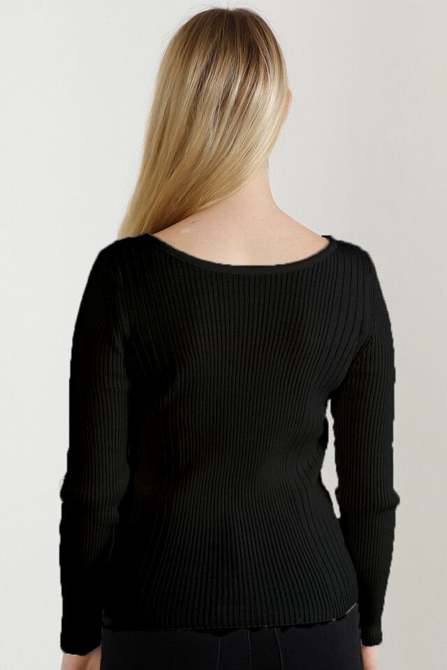 Kadın Siyah Kayık Yaka Triko Kazak