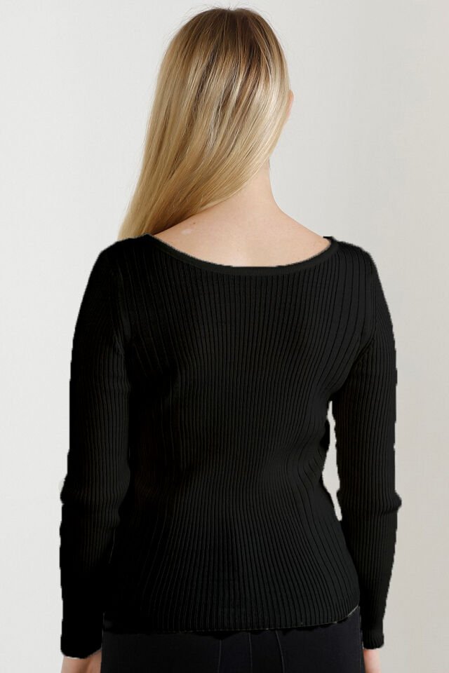 Kadın Siyah Kayık Yaka Triko Kazak