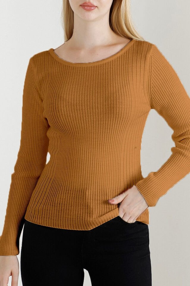 Kadın Kamel Kayık Yaka Triko Kazak