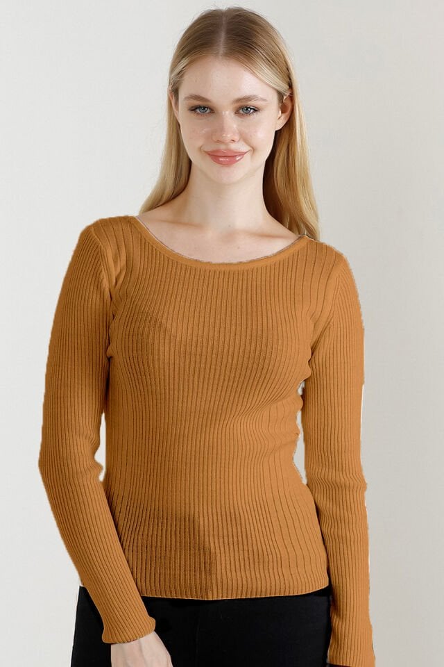 Kadın Kamel Kayık Yaka Triko Kazak