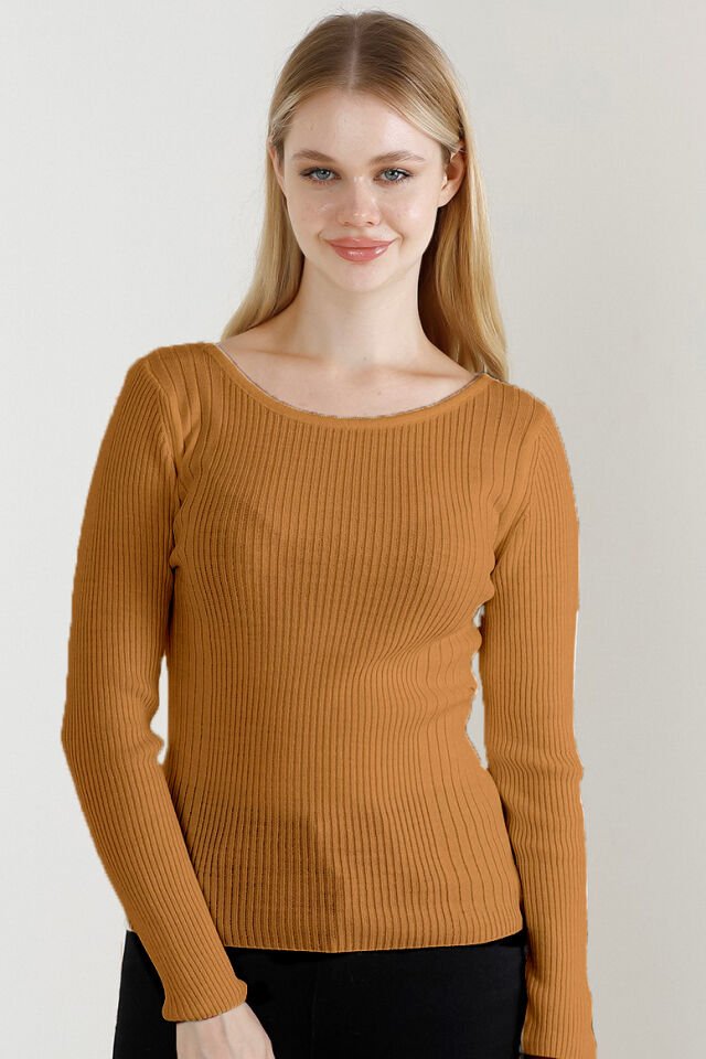 Kadın Kamel Kayık Yaka Triko Kazak