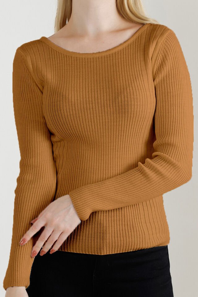 Kadın Kamel Kayık Yaka Triko Kazak