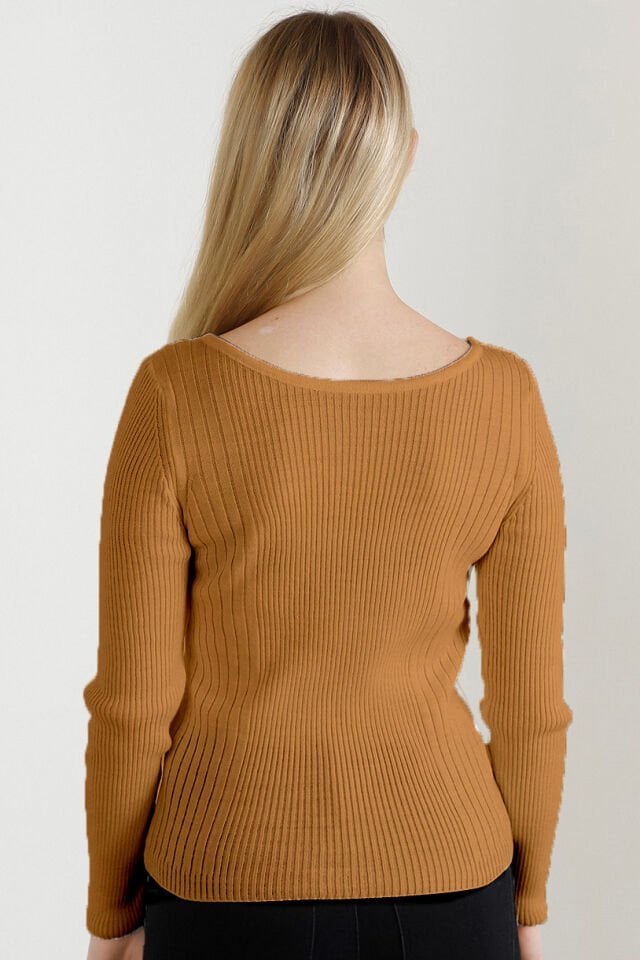 Kadın Kamel Kayık Yaka Triko Kazak