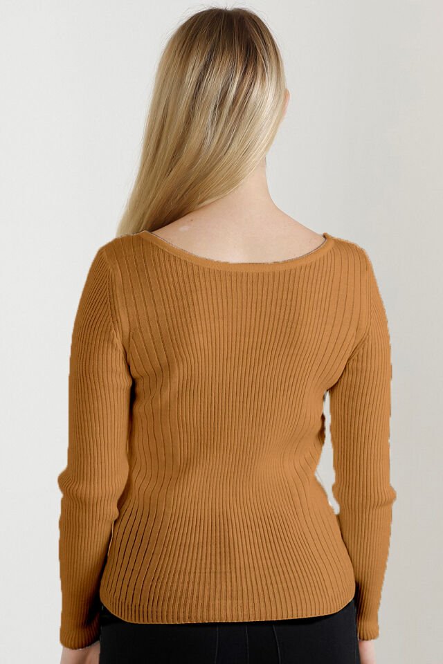 Kadın Kamel Kayık Yaka Triko Kazak