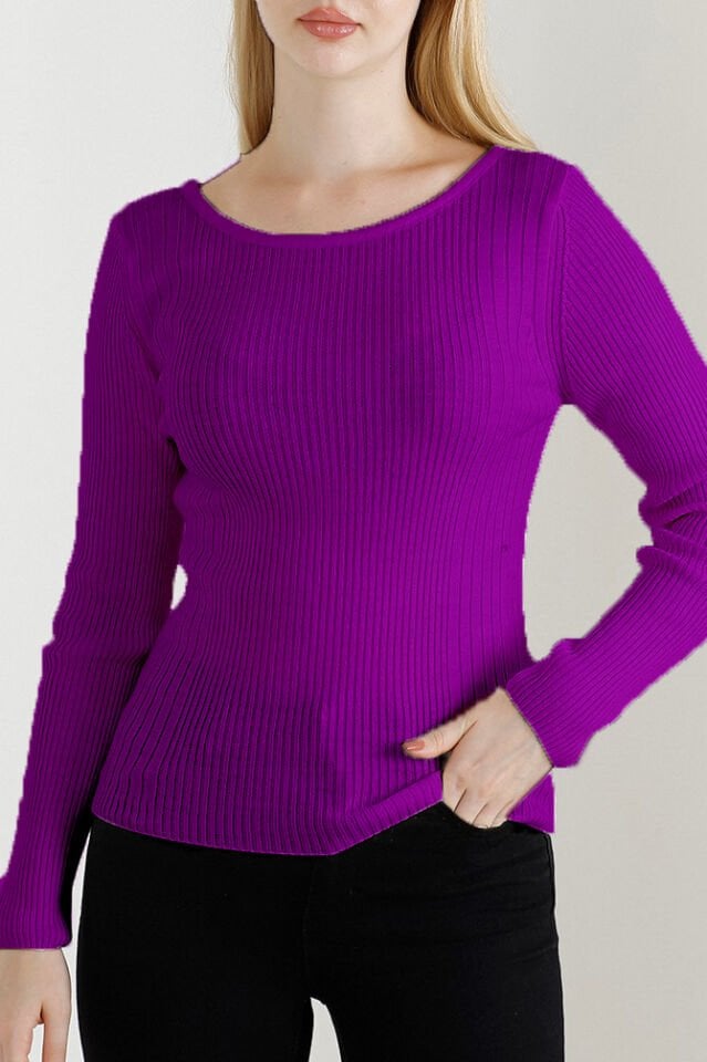 Kadın Mor Kayık Yaka Triko Kazak