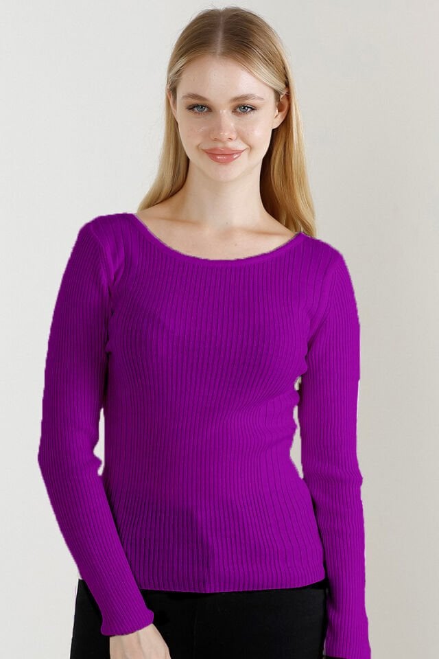 Kadın Mor Kayık Yaka Triko Kazak