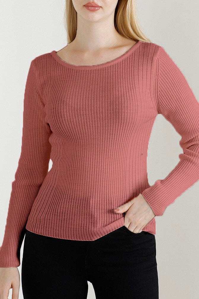 Kadın Gül Kurusu Kayık Yaka Triko Kazak