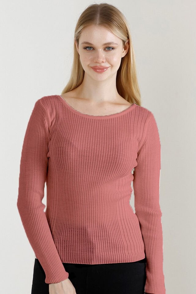 Kadın Gül Kurusu Kayık Yaka Triko Kazak