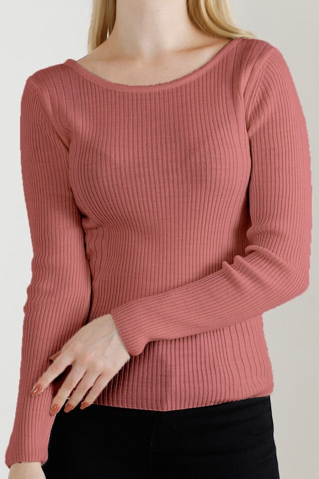 Kadın Gül Kurusu Kayık Yaka Triko Kazak